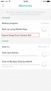 Snapchat Settings import snaps from camera roll